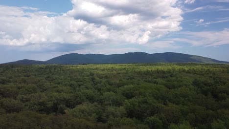 Aerial-footage-panning-over-the-treetops-looking-towards-a-mountain-ranger-under-big-clouds-in-Fryeburg,-Maine