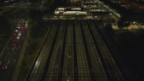 A-camera-from-above-follows-a-tramway-leaving-the-modern-Warsaw-depo