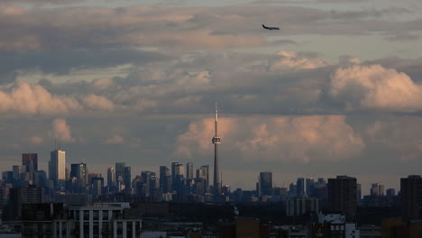 Spectacular-cityscape-timelapse-of-Ontario-with-clouds-building-casting-a-shadow-over-the-city-buildings,-Toronto-Canada