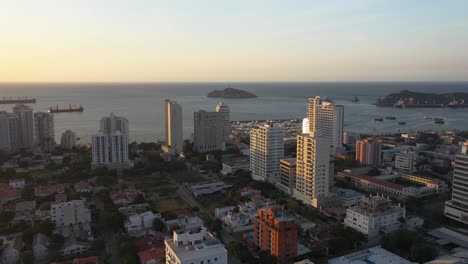 Aerial-view-of-Santa-Marta,-Colombia-with-ocean-and-buildings
