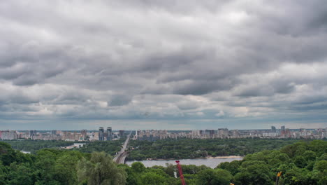 4K-Timelapse-of-the-capital-of-Ukraine,-Kiev-and-the-Dnieper-river-on-a-cloudy-day