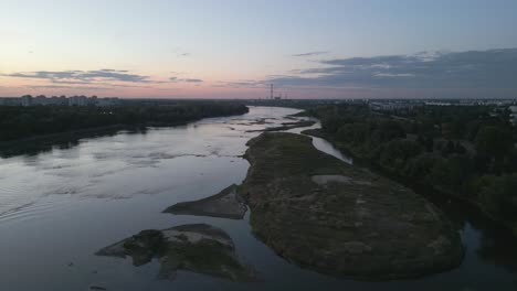 Drone-shot-of-the-wide-riverbed-of-the-Vistula-River