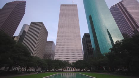 Low-angle-4k-view-of-downtown-Houston-skyscrapers