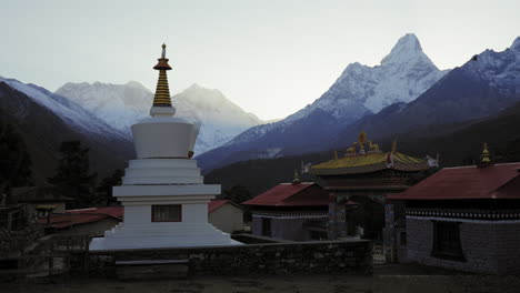 Gliding-wide-shot-of-Mount-Lhotse-from-Tengboche-Monastery-grounds