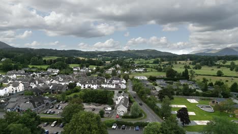 Drone,-aerial-footage-of-Hawkshead-a-ancient-town-village-in-the-Lake-District,-Cumbria