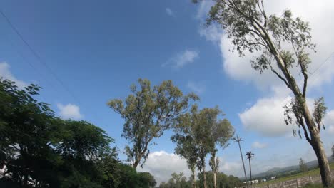 Punto-De-Vista-De-La-Persona-Que-Mira-Los-árboles-Y-Las-Nubes-En-El-Cielo-Azul-De-La-Conducción-Del-Vehículo-En-La-Carretera