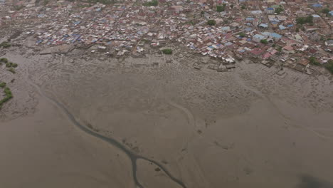 Wide-panning-aerial-footage-showing-the-riverlets-in-the-bay-outside-of-Freetown,-Sierra-Leone