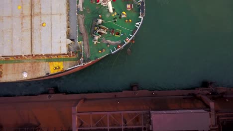 Top-Down-View-Of-Bulker-At-Paradip-Port-In-Orissa,-India---drone-shot