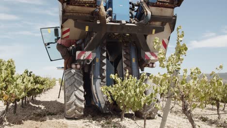 Wide-shot-of-a-Blue-Grape-Harvester-in-a-Vineyard-in-Spain-being-Fixed-by-a-Worker-in-Slow-Motion