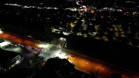 A-high-angle-aerial-view-of-an-intersection-at-night