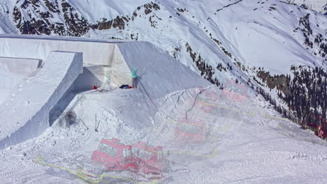 High-angle-shot-of-workers-busy-building-Suzuki-Nine-Knights-ramp-in-Watles-ski-resort-on-a-sunny-day-in-timelapse