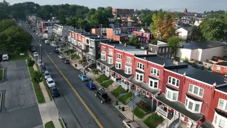 Aerial-view-of-row-houses-on-city-street