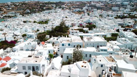 Drone-shot-above-Old-Town-in-Mykonos-on-a-sunny-day