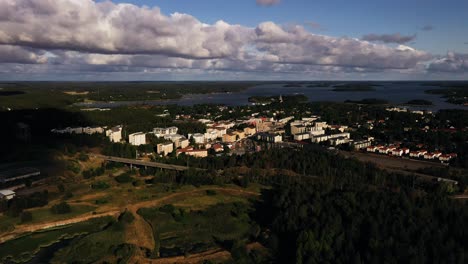 Aerial-view-towards-the-Naantali-city,-sunny,-summer-morning-in-Finland