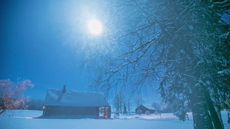 Nighttime-winter-scene-of-cabins-in-snow-with-stars-and-moonlight-shining-on-landscape,-Timelapse