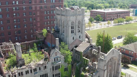 Abandoned-historic-City-Methodist-Church-in-Gary,-Indiana-with-drone-video-pulling-out-from-high-view