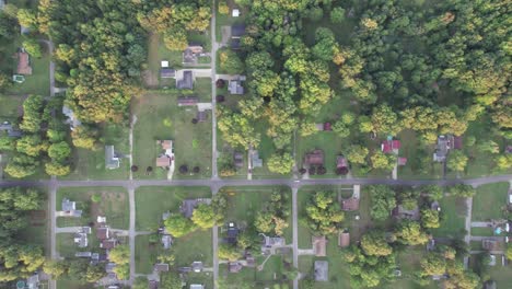 Drohne-Erfasst-Eine-Kleine-Stadt-Mit-Zahlreichen-Wohnsitzen-Aus-Großer-Höhe,-Die-Von-Hohen-Bäumen-Umgeben-Ist