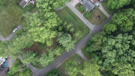 Drone-footage-of-a-quiet-suburb-with-clear-roads-and-many-houses-that-are-encircled-by-towering-trees