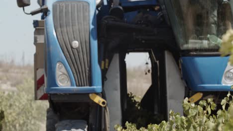 Detail-shot-of-a-blue-grape-harvester-working-in-vineyards-in-Spain-recorded-from-the-left-side-in-slow-motion-60fps