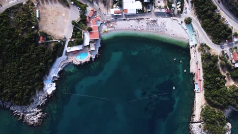 Above-Utjeha-Beach-Uvala-Maslina-on-tourist-shore-of-Montenegro,-aerial