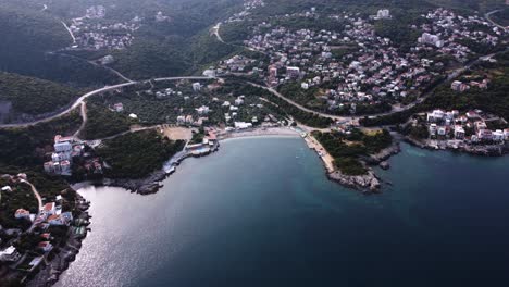 Tourist-destination-Utjeha-with-beach-bay-on-shore-of-Montenegro,-aerial