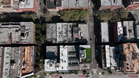 Top-down-aerial-shot-of-Pioneer-Square's-residential-brick-buildings-in-Seattle