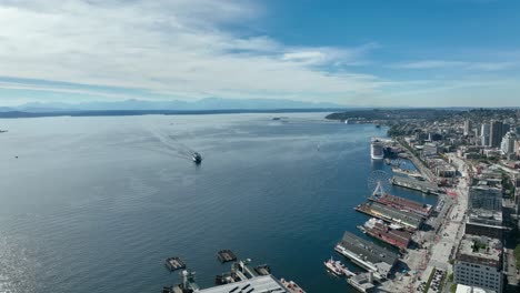 High-up-aerial-view-of-Seattle's-waterfront-sector-with-a-public-transit-ferry-coming-in-to-dock