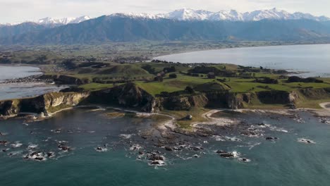 Spectacular-New-Zealand-coastal-landscape-of-green-pastures-and-cliffs-on-small-peninsula