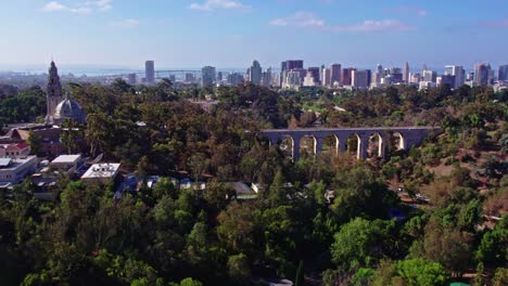 Aerial-View-of-Balboa-Park-Suburb-Area-in-San-Diego-California,-Urban-bridge-Streets-Roads-and-Buildings-on-Top-of-Green-Hill-Park,-Plane-Landing-and-Downtown-Cityscape-with-Coronado-bridge-in-Horizon