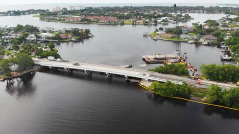 4K-Drone-Video-of-Repair-of-Bridge-on-Tampa-Bay-in-St-Petersburg,-Florida-on-Sunny-Summer-Day