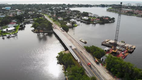 4K-Drone-Video-of-Bridge-Repair-over-Bay-in-St-Petersburg,-Florida-on-Sunny-Summer-Day-1