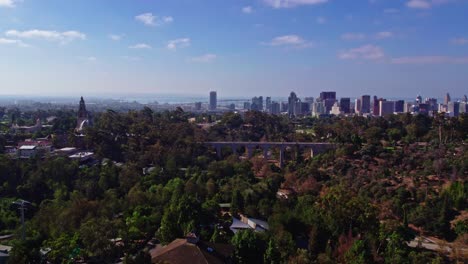 Aerial-Panoramic-View-of-Plane-Landing-in-San-Diego-California,-View-from-Balboa-Park-Suburb-Area,-Urban-bridge-Streets-Roads-and-Buildings-on-Top-of-Green-Hill-Park,-Downtown-Cityscape-in-Horizon