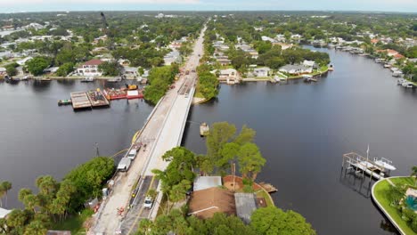 4K-Drone-Video-of-Bridge-Repair-on-Tampa-Bay-in-St-Petersburg,-Florida-on-Sunny-Summer-Day