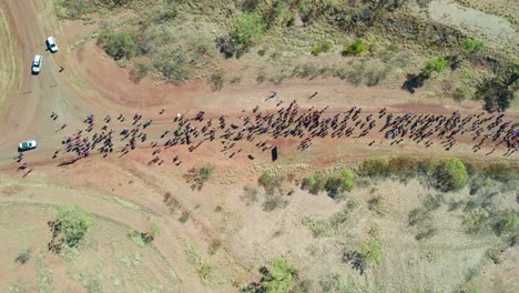 Aerial-view-of-crowds-taking-part-in-the-Freedom-Day-Festival-march-in-the-remote-community-of-Kalkaringi,-Northern-Territory,-Australia