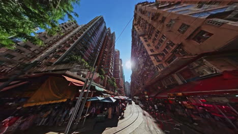 Hyperlapse-in-North-Point-Chun-Yeung-Street-tram-road-and-wet-market,-Hong-Kong