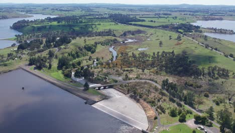 Aerial-view-of-the-Upper-Coliban-Reservoir-spillway-and-downstream,-central-Victoria,-Australia