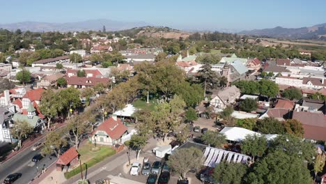 Aerial-panning-dolly-shot-of-the-charming-Danish-village-of-Solvang-in-Central-California