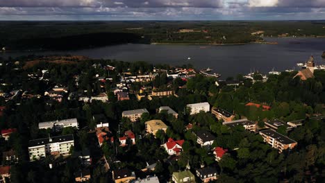 Aerial-view-overlooking-the-cityscape-of-Naantali,-summer-morning-in-Aland,-Finland