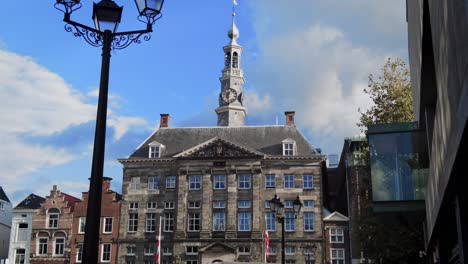Wide-dolly-towards-City-Hall-den-Bosch-clock-tower-old-dutch-government-building