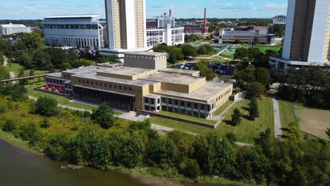 Drake-Performance-Center,-Ohio-State-University,-Department-of-Theater,-Film-and-Media-Arts,-aerial-drone-on-the-campus-along-the-Olentangy-River
