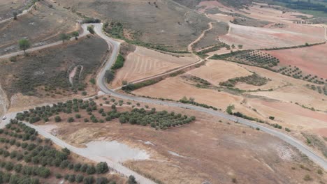 Impressive-aerial-view-of-beautiful-hills,-farm-fields-and-olive-tree-plantations
