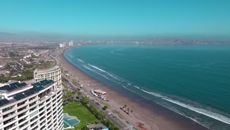 Aerial-view-dolly-in-of-the-beach-and-all-the-coastline-from-La-Serena-to-Coquimbo,-Chile