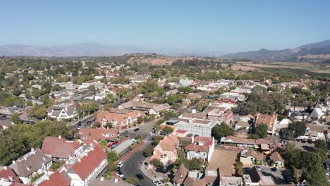 Wide-panning-aerial-shot-of-the-unique-Danish-village-of-Solvang-in-Central-California