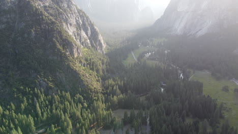 Parque-Nacional-De-Yosemite,-El-Movimiento-De-La-Cámara-Muestra-El-Bosque-Entre-Los-Cañones-Al-Atardecer