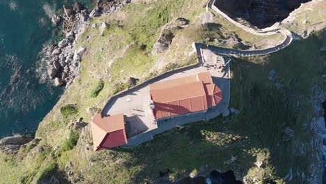 Top-down-aerial-view-of-Gaztelugatxe-islet-church,-coast-of-Biscay,-rising