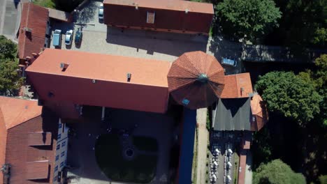 Aerial-top-down-view-of-a-medieval-castle-courtyard-in-Europe-Olsztyn