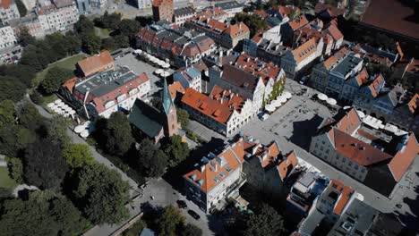 Evangelical-Church-aerial-footage-of-old-town-Poland-Olsztyn