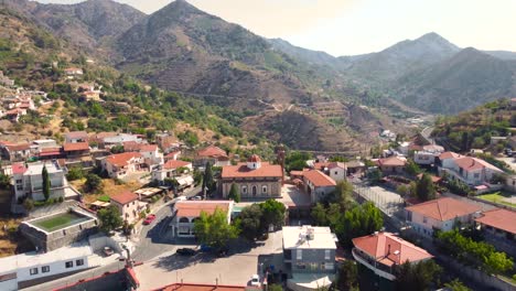 Aerial-drone-footage-of-traditional-countryside-hilltop-village-Farmakas,-Nicosia,-Cyprus