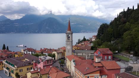 Aerial-view-Chiesa-San-Giorgio-catholic-church-in-Varenna,-Lake-Como