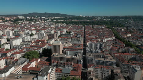 Drone-flying-over-Lyon-town-center,-France